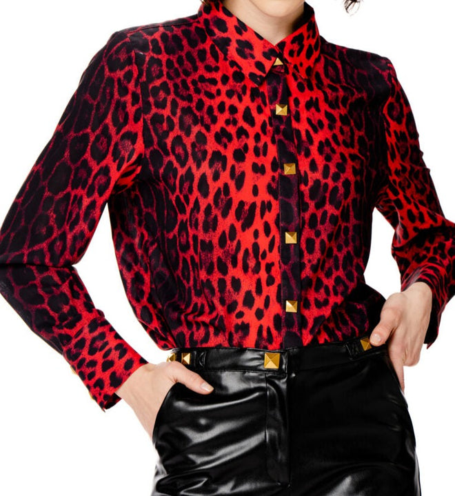 Camicia stampata leopardata rossa con bottoni oro